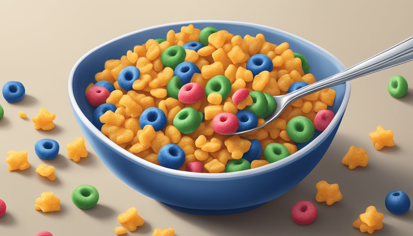 A bowl of Cap'n Crunch's Crunch Berries cereal with a spoon on a kitchen table