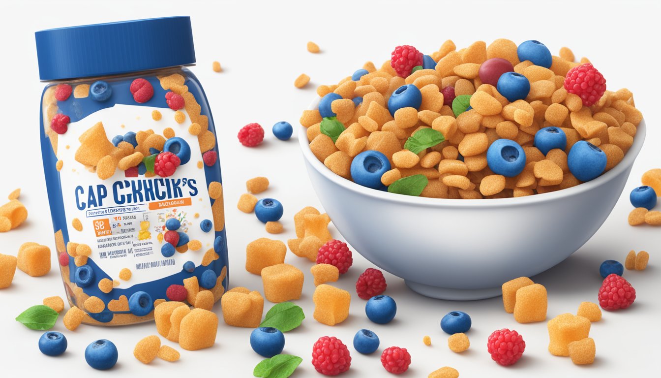 A bowl of Cap'n Crunch's Crunch Berries spills, surrounded by scattered berries and a nutritional label