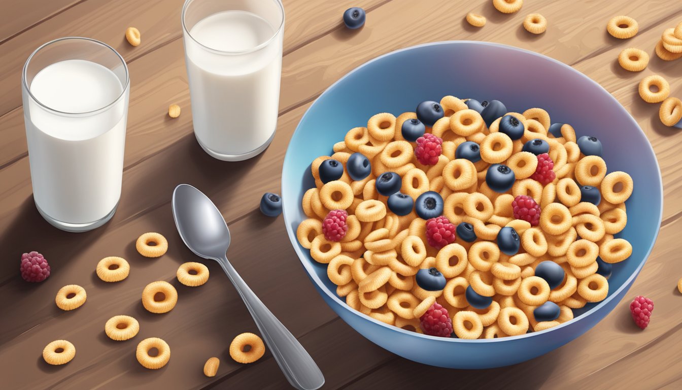 A bowl of frosted Cheerios surrounded by fresh berries and a glass of milk on a wooden table