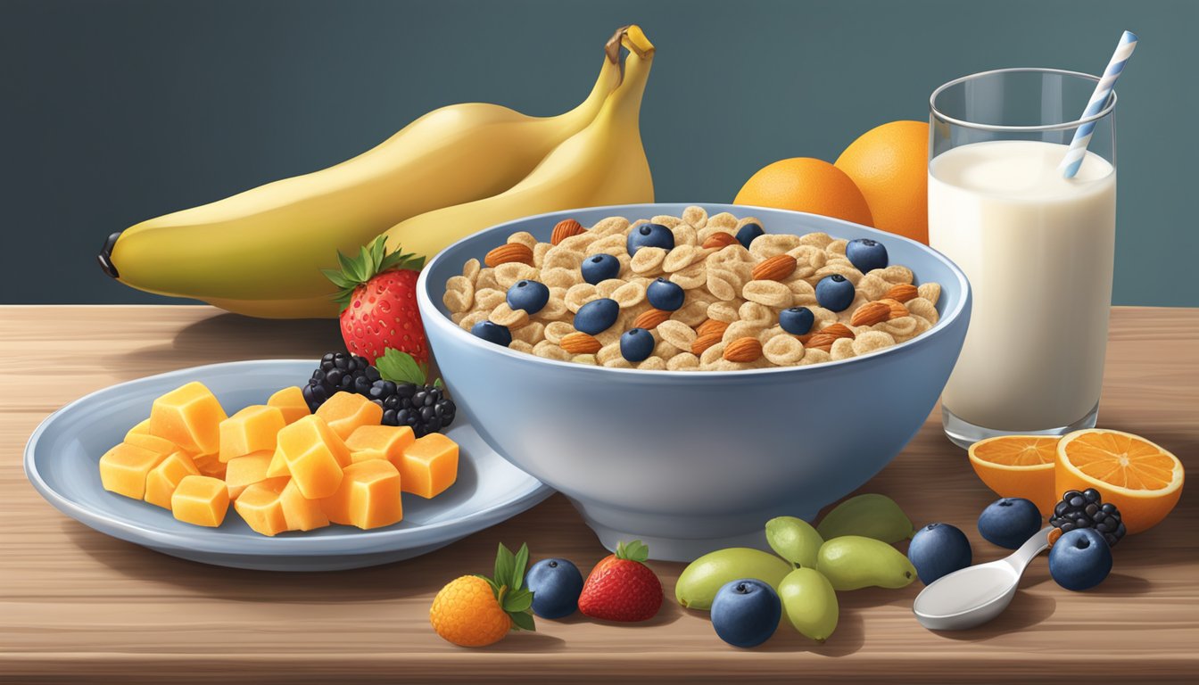 A bowl of Barbara's Puffins cereal surrounded by a variety of fresh fruits and a glass of milk on a wooden breakfast table