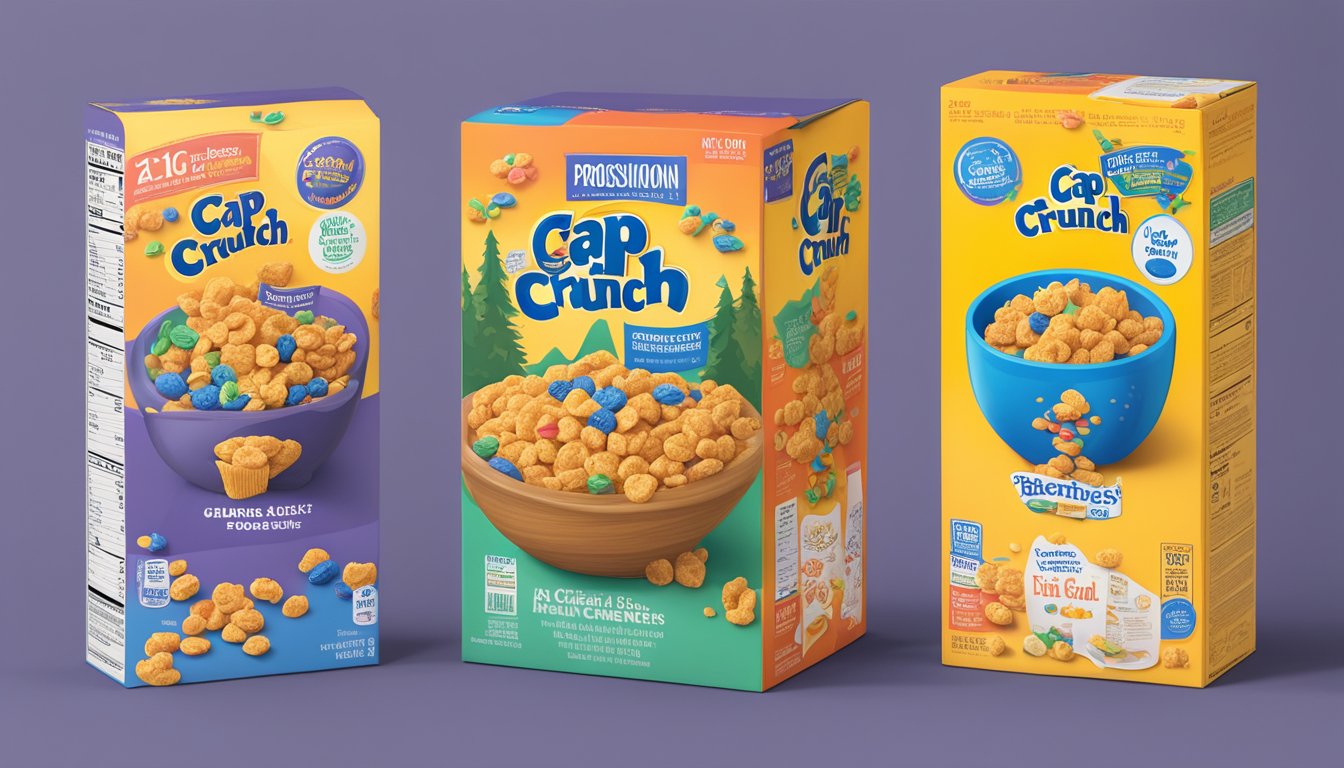 A bowl of Cap'n Crunch's Crunch Berries next to other cereal boxes, with nutrition labels visible for comparison