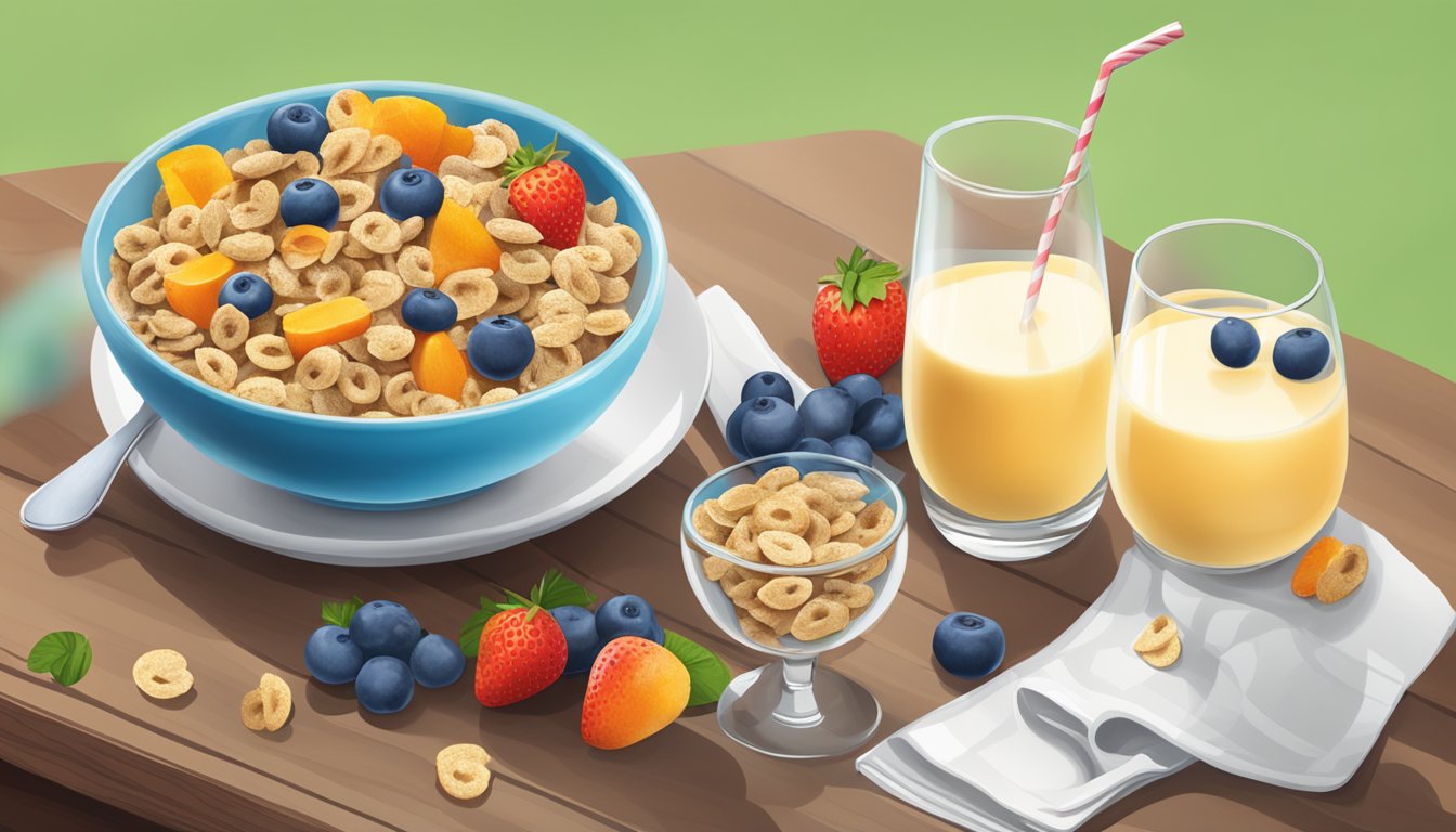 A bowl of Barbara's Puffins cereal surrounded by fresh fruits and a glass of milk on a wooden table