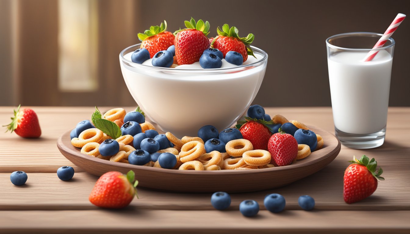 A bowl of frosted Cheerios surrounded by fresh strawberries, blueberries, and a glass of milk on a wooden table