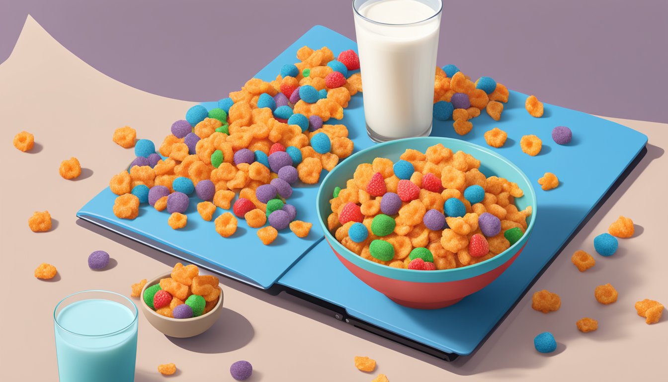 A bowl of Cap'n Crunch's Crunch Berries cereal surrounded by scattered berries and a glass of milk, displayed on a computer screen with a website open