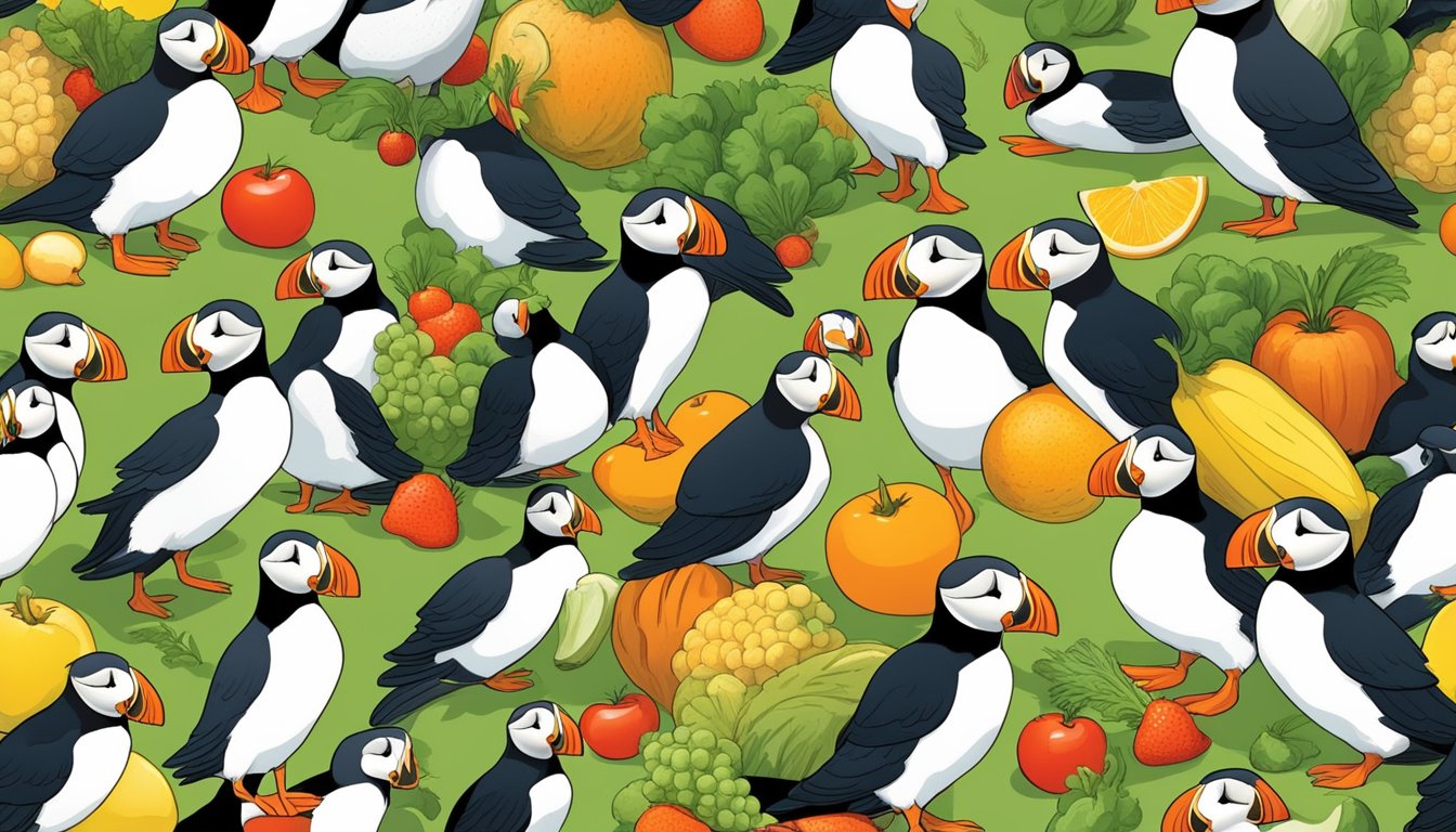 A flock of puffins gathers around a variety of colorful and nutritious fruits and vegetables, representing Barbara's health considerations for their diet