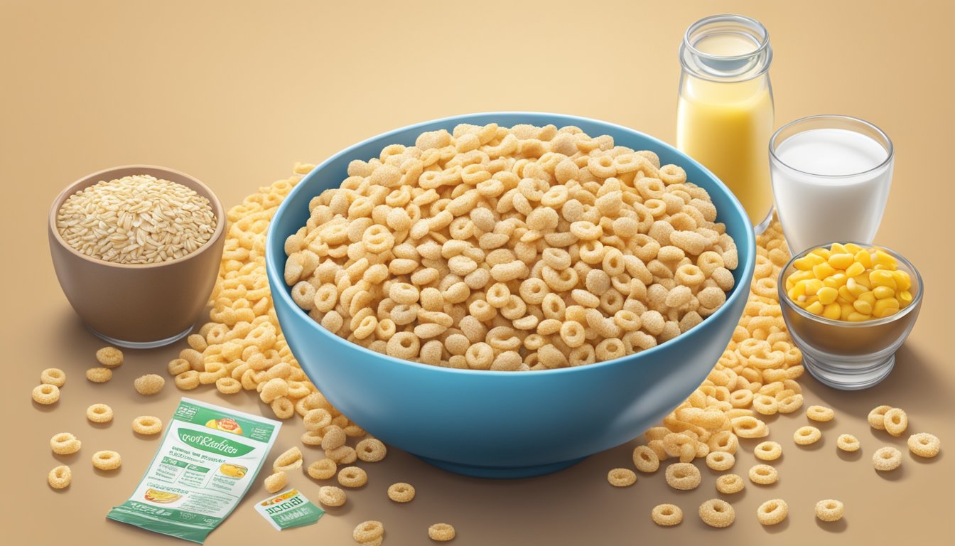 A bowl of Frosted Cheerios surrounded by scattered ingredients like oats, sugar, and corn, with a nutrition label in the background