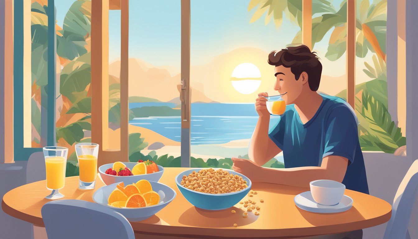 A person enjoying a bowl of Barbara's Puffins cereal with milk, surrounded by colorful fruits and a glass of orange juice on a sunny breakfast table