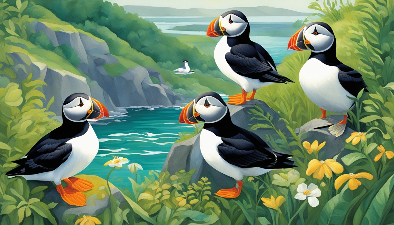 Barbara's puffins gather around a lush, green landscape, surrounded by clear waters and vibrant wildlife. The scene exudes environmental and ethical practices