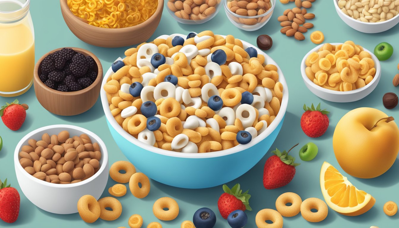 A bowl of Frosted Cheerios surrounded by various allergen-free and dietary-friendly foods, such as fruits, nuts, and dairy alternatives