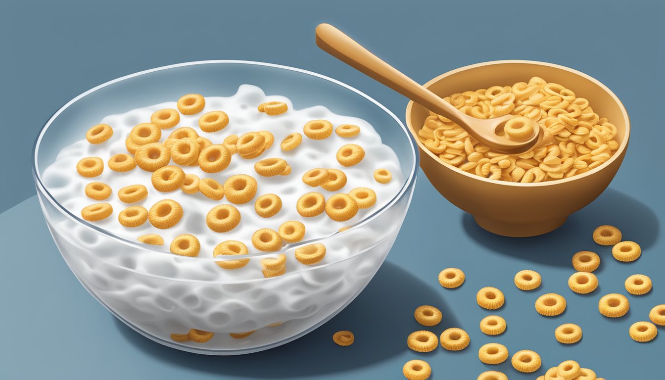 A bowl of frosted cheerios poured into a measuring cup, with a spoon nearby for portion control