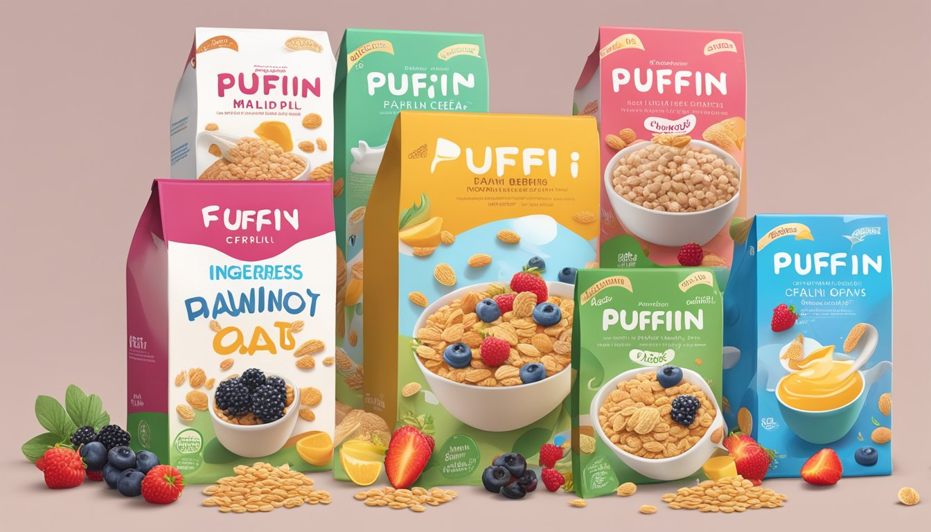 A colorful display of puffin-shaped cereal boxes surrounded by images of healthy ingredients like oats, berries, and milk