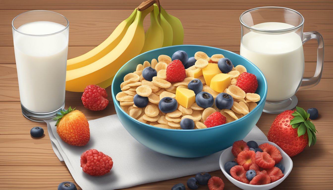 A bowl of Fiber One cereal surrounded by a variety of fresh fruits and a glass of milk on a wooden table