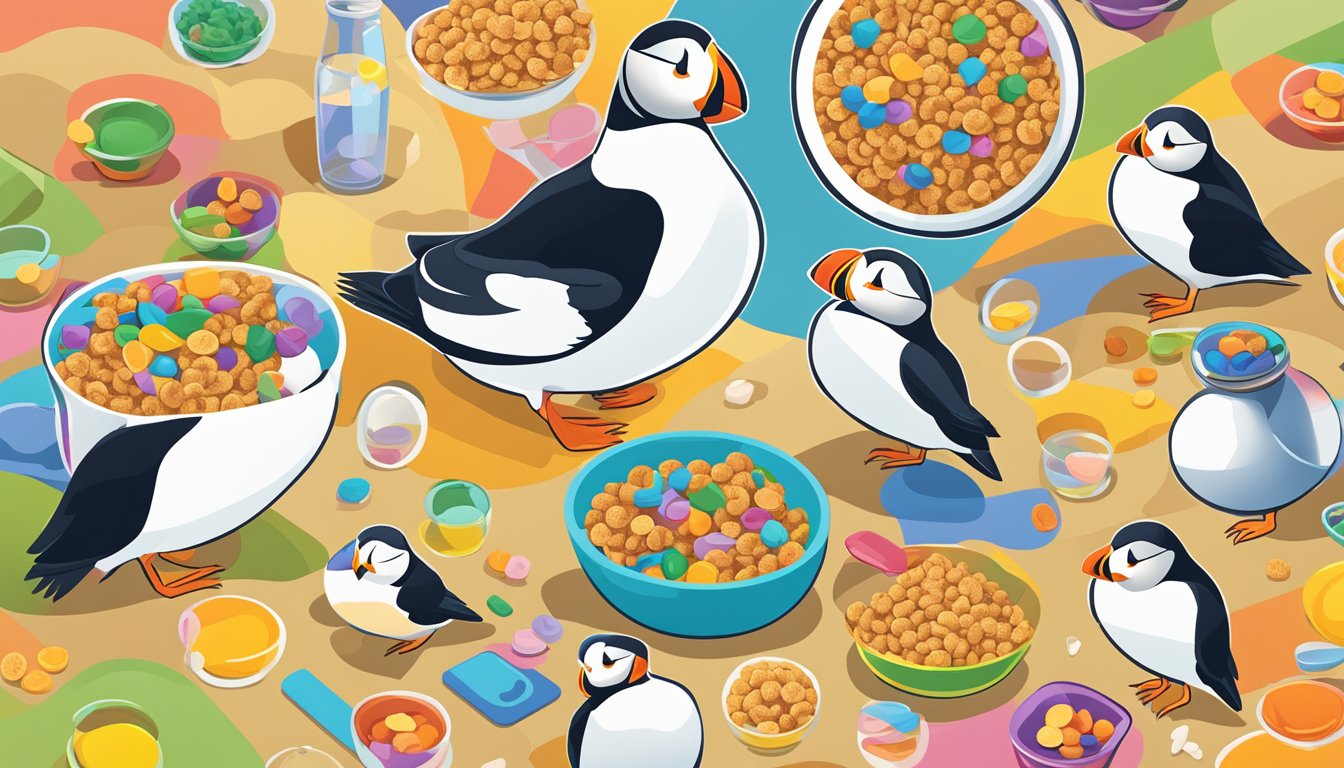 Barbara's puffins nutrition: A colorful array of digital engagement icons surround a bowl of puffins cereal, with a tablet displaying nutritional information in the background