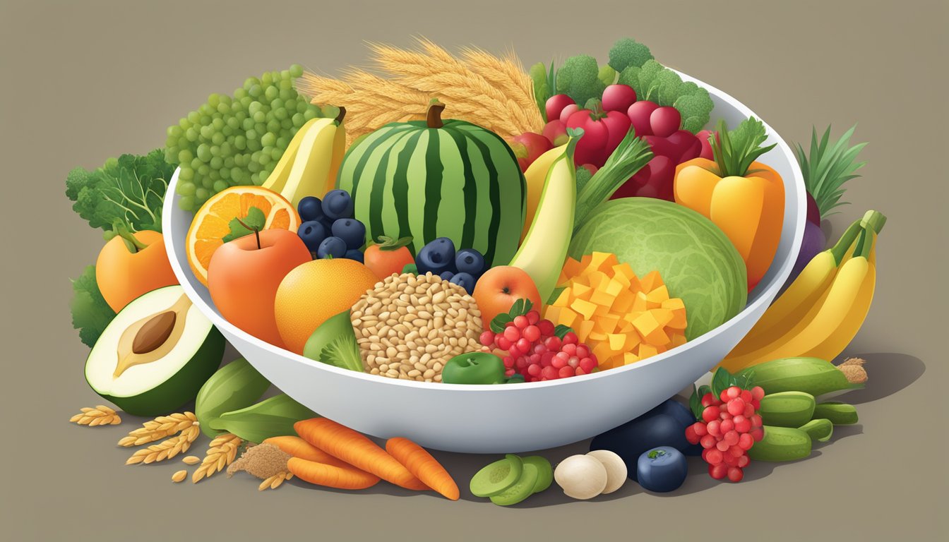 A bowl of fiber-rich foods, including fruits, vegetables, and whole grains, arranged in an appealing and balanced composition