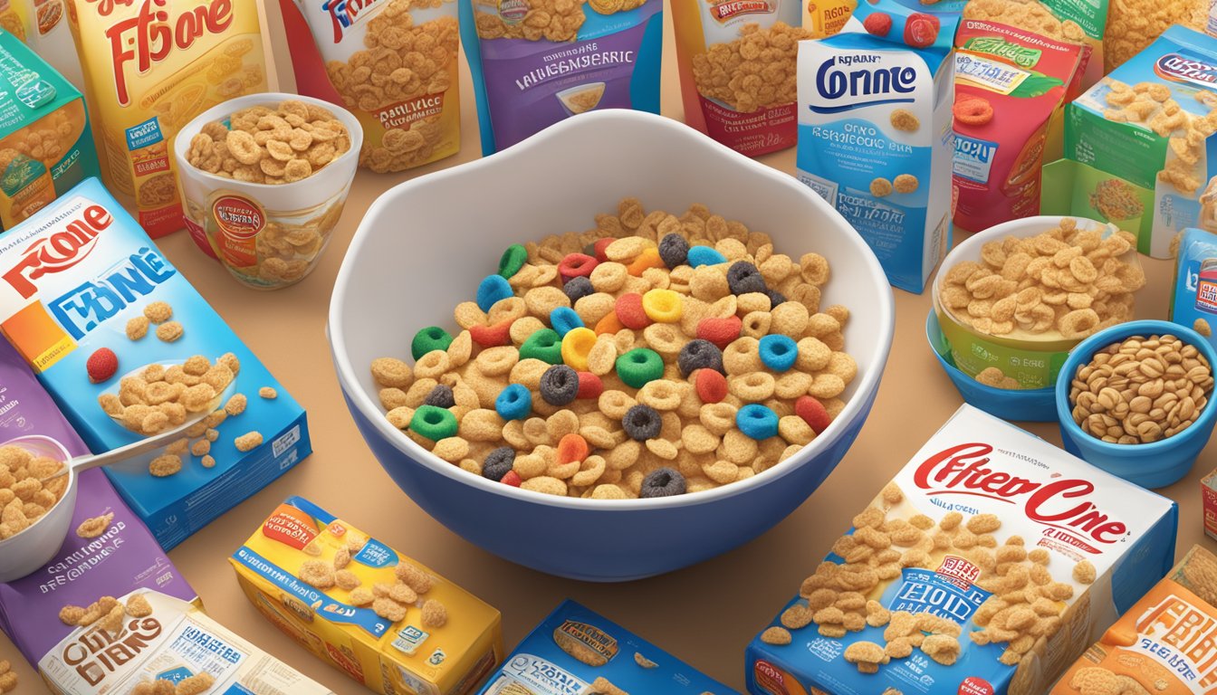 A bowl of Fiber One cereal surrounded by various other cereal boxes, emphasizing its nutritional content and comparing it to other brands