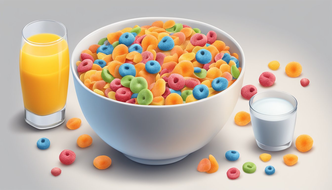 A bowl of Fruity Pebbles cereal with milk, surrounded by colorful fruit pieces and a glass of orange juice