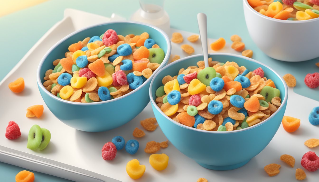 A bowl of fruity pebbles cereal surrounded by fresh fruits and a glass of milk on a breakfast table