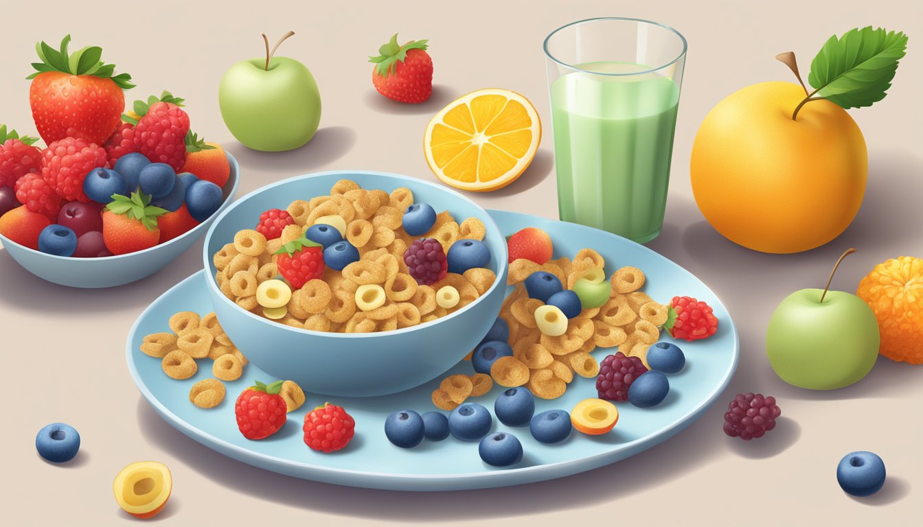 A bowl of Alpha-Bits cereal surrounded by various fruits and a glass of milk on a table