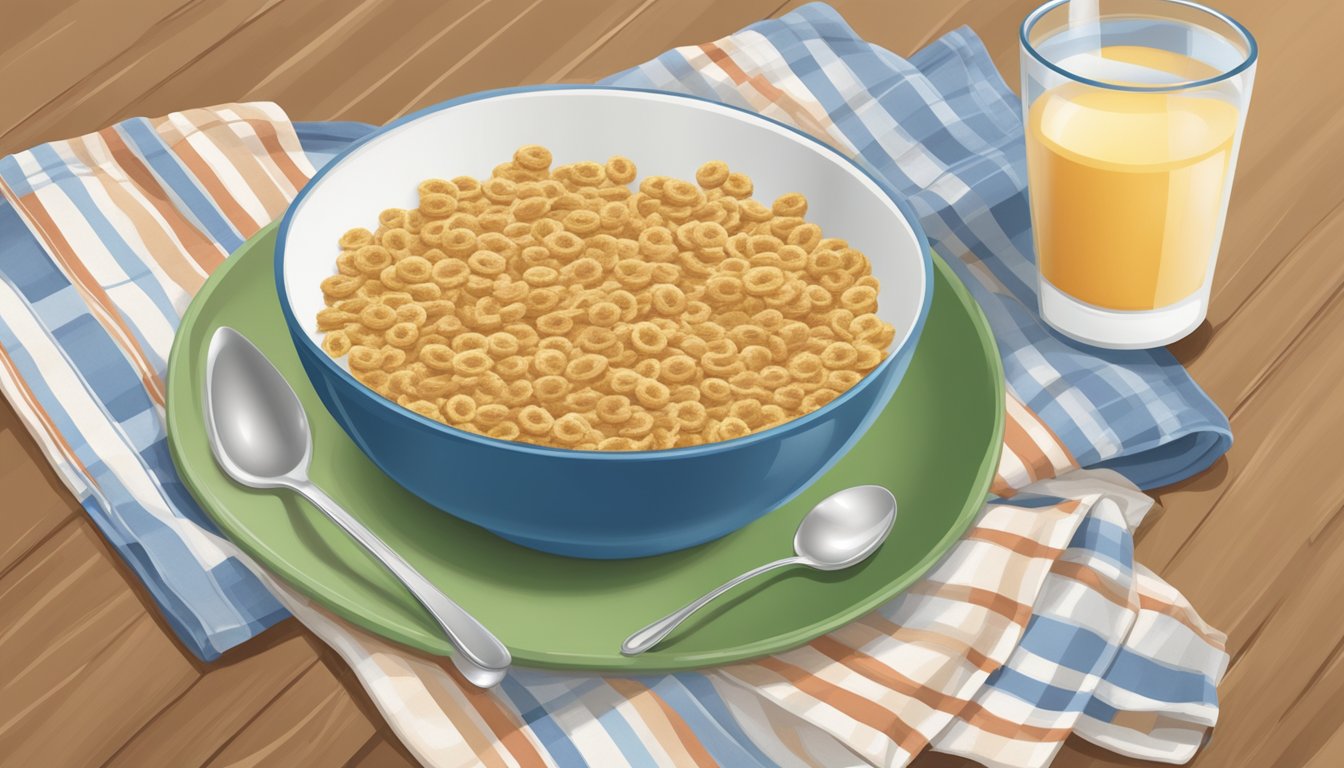 A bowl of Fiber One cereal with milk, a spoon, and a glass of water on a placemat with a napkin