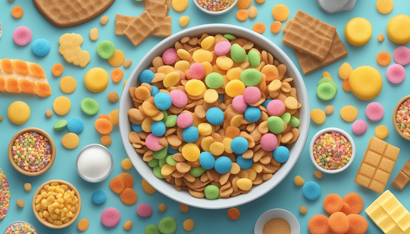 A bowl of Fruity Pebbles cereal surrounded by various types of sugars and fats, such as granulated sugar, brown sugar, and butter