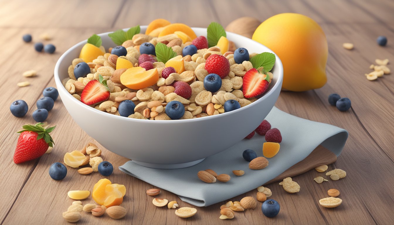 A bowl of Health Impact alpha bits cereal with various fruits and nuts scattered around it on a wooden table