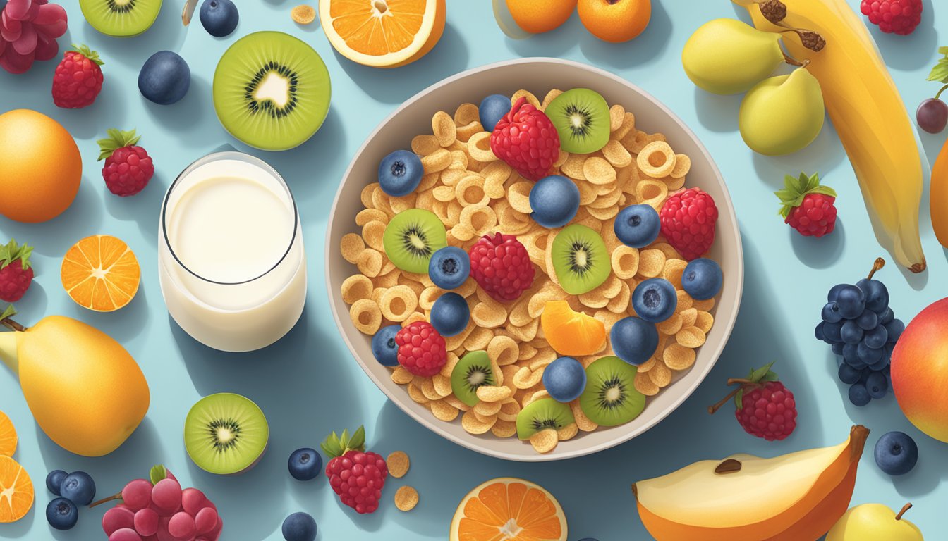 A bowl of Fiber One cereal surrounded by a variety of fruits and a glass of milk on a table