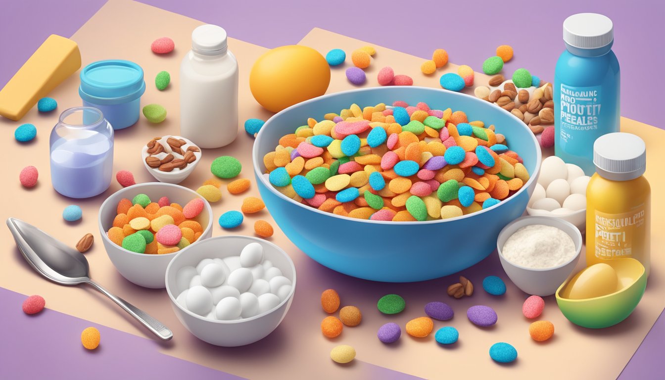 A bowl of colorful fruity pebbles surrounded by various protein sources like eggs, yogurt, and nuts, with a bottle of amino acid supplements nearby