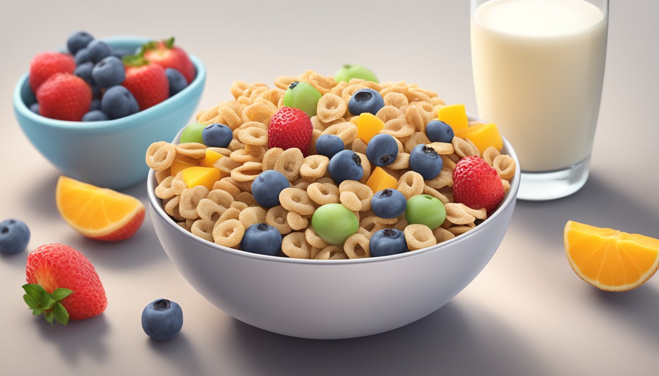 A bowl of Alpha Bits cereal surrounded by fresh fruits and a glass of milk, with a nutrition label nearby