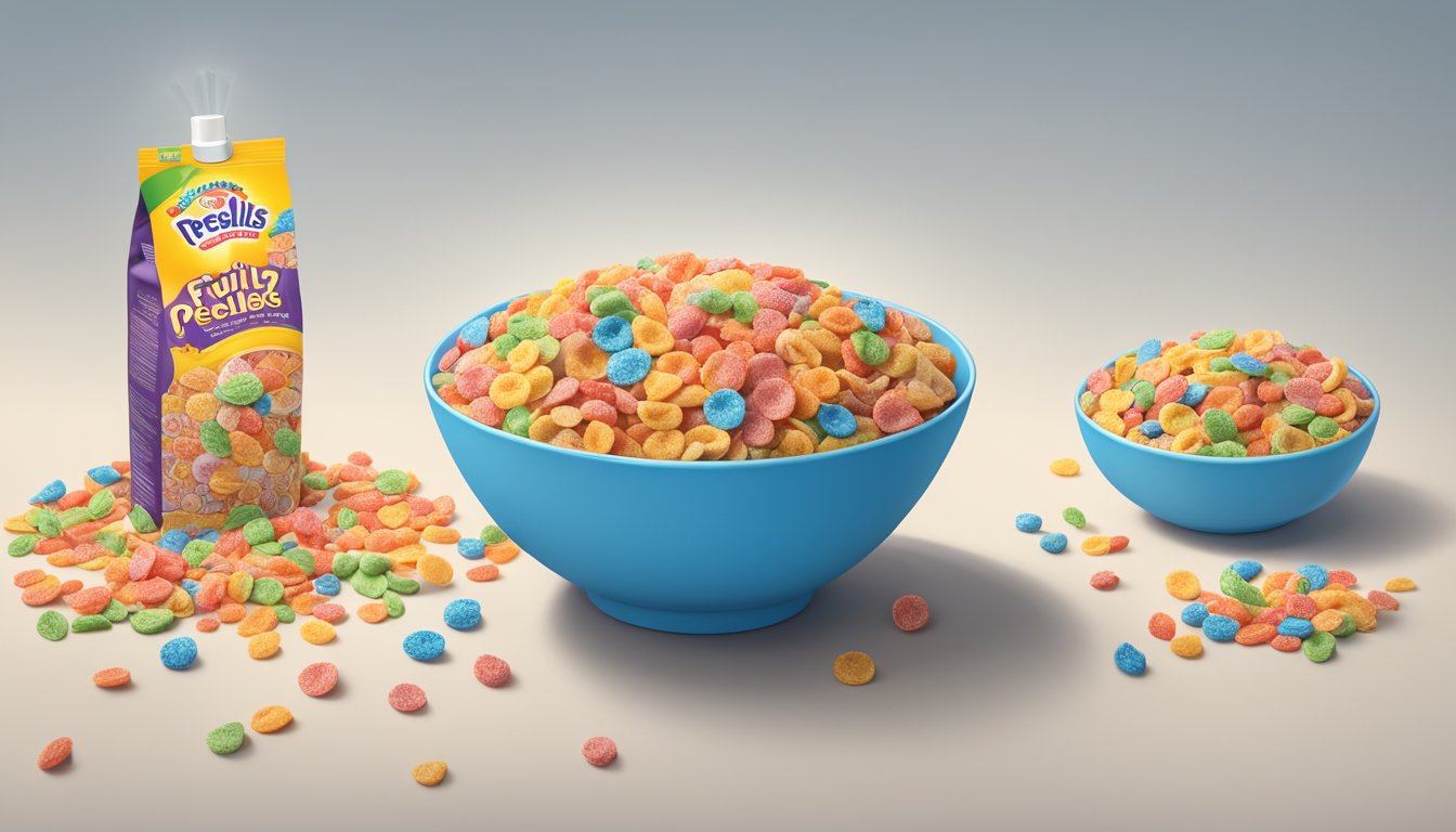 A bowl of Fruity Pebbles cereal with milk, surrounded by scattered colorful cereal pieces and a nutritional information label