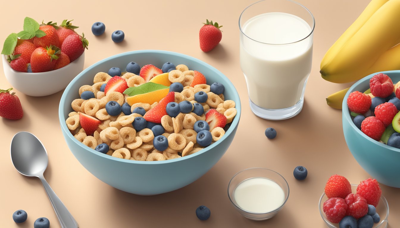 A bowl of Alpha-Bits cereal surrounded by a variety of fruits and a glass of milk, with the Alpha-Bits box in the background