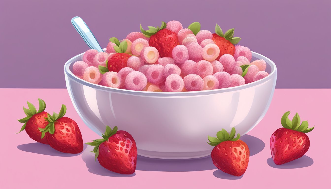 A bowl of Franken Berry cereal surrounded by fresh strawberries and a glass of milk