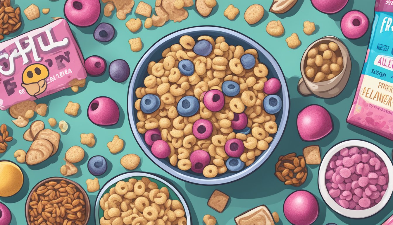 A bowl of Franken Berry cereal surrounded by scattered ingredients with allergen labels