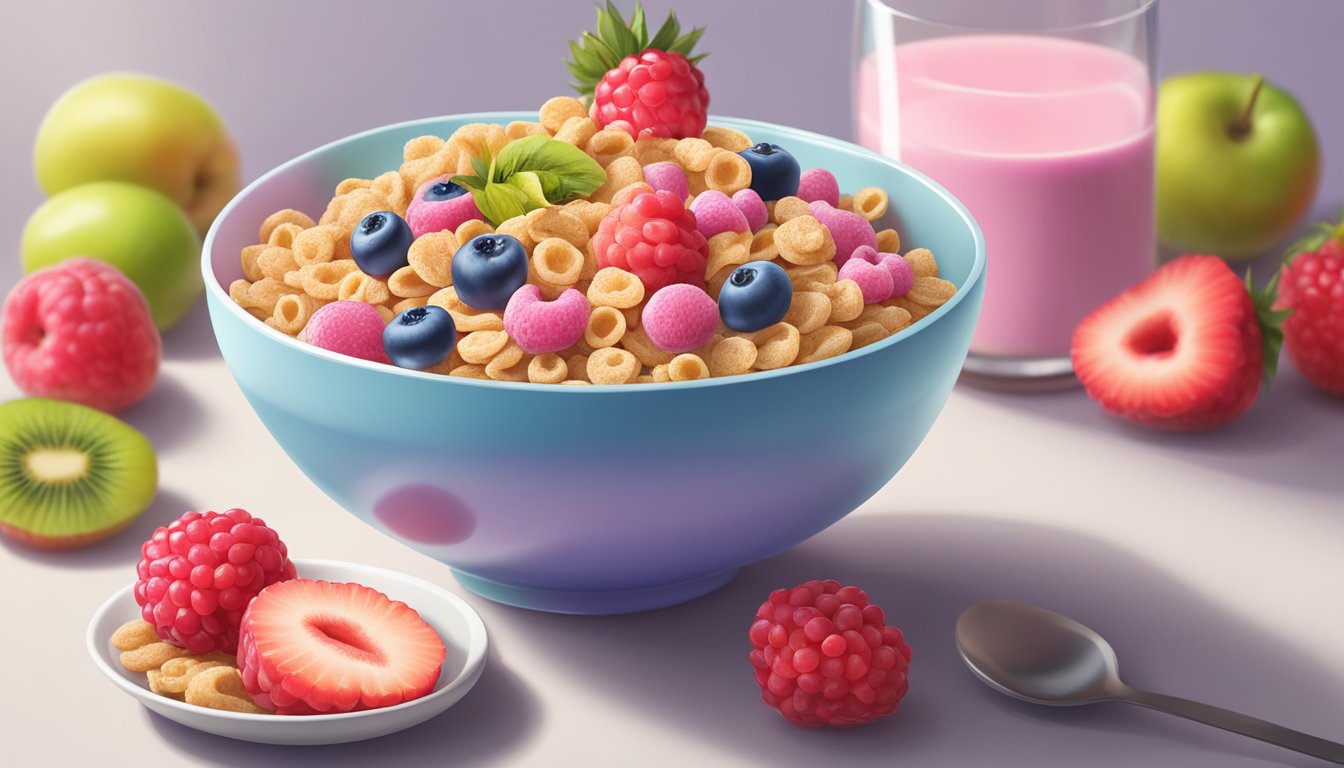 A bowl of Franken Berry cereal surrounded by fresh fruits and a glass of milk, emphasizing a balanced and nutritious breakfast option