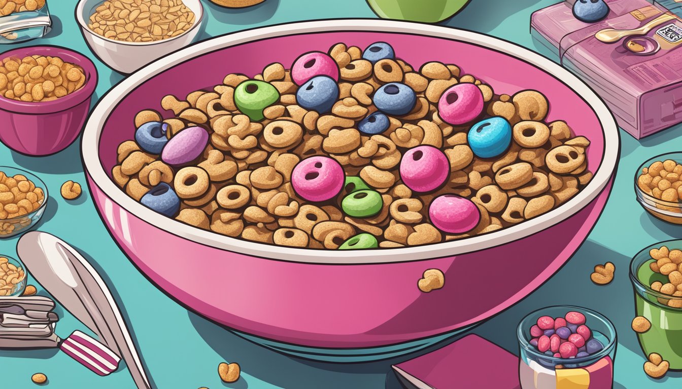 A bowl of Franken Berry cereal surrounded by various certification and compliance symbols and icons