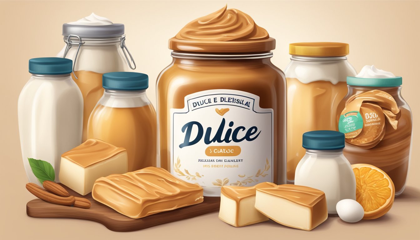 A jar of dulce de leche surrounded by fresh dairy products and sweet ingredients