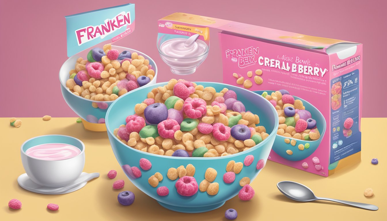 A bowl of Franken Berry cereal with milk, a spoon, and the cereal box with nutritional information displayed