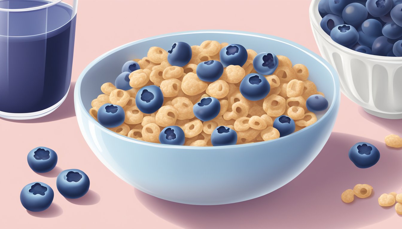 A bowl of Boo Berry cereal surrounded by fresh blueberries and a glass of milk