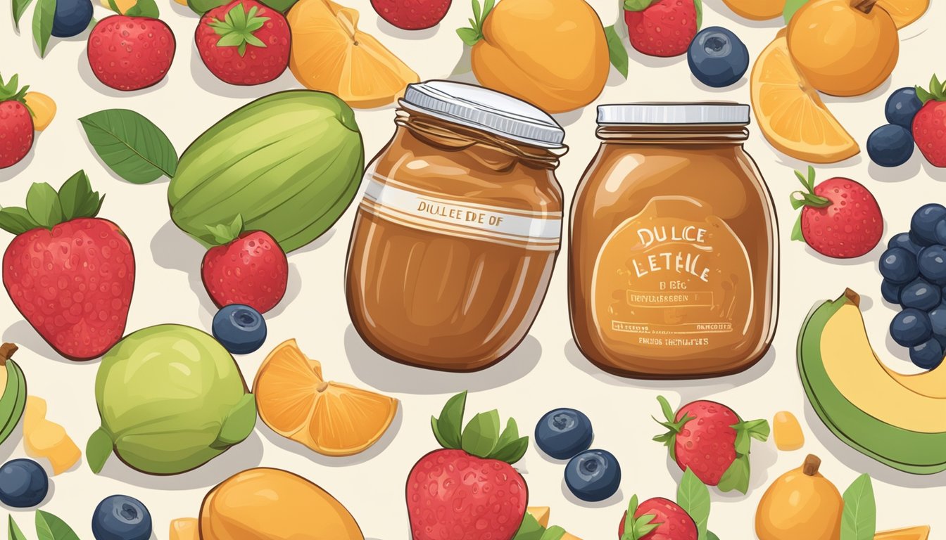 A jar of dulce de leche surrounded by fresh fruits and a nutrition label