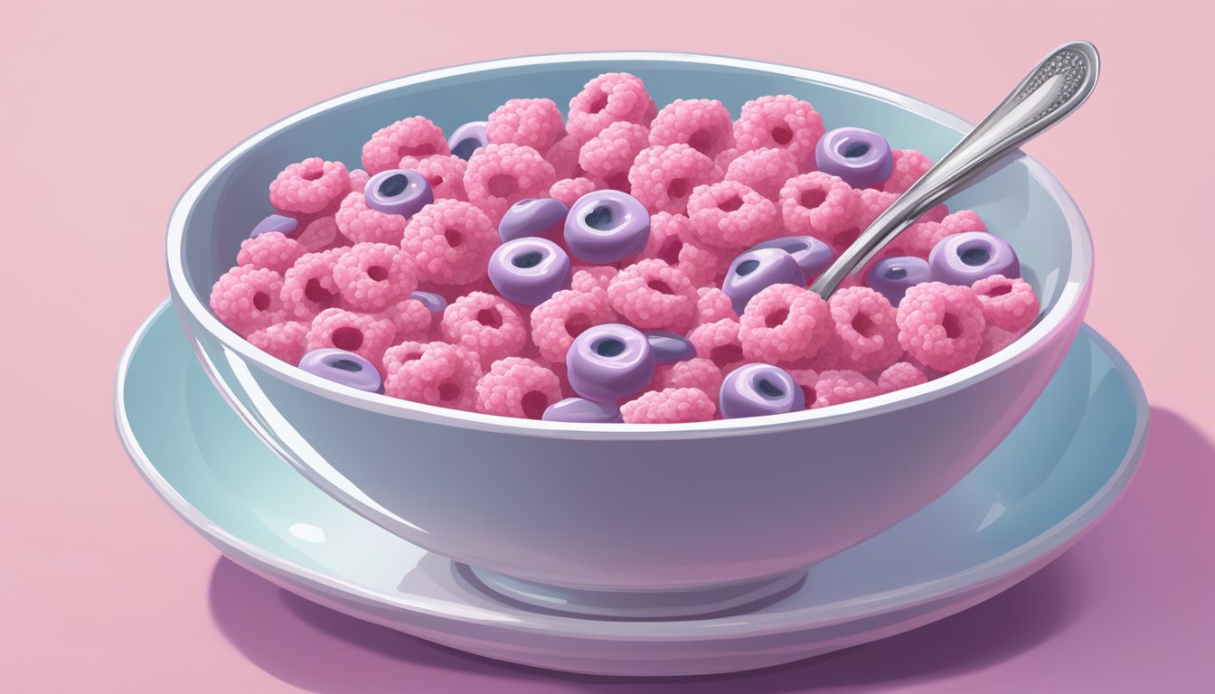 A bowl of Franken Berry cereal next to a glass of milk, with a spoon resting on the side