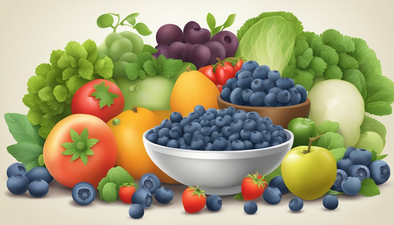 A bowl of blueberries surrounded by fresh fruits and vegetables, with a nutrition label in the background