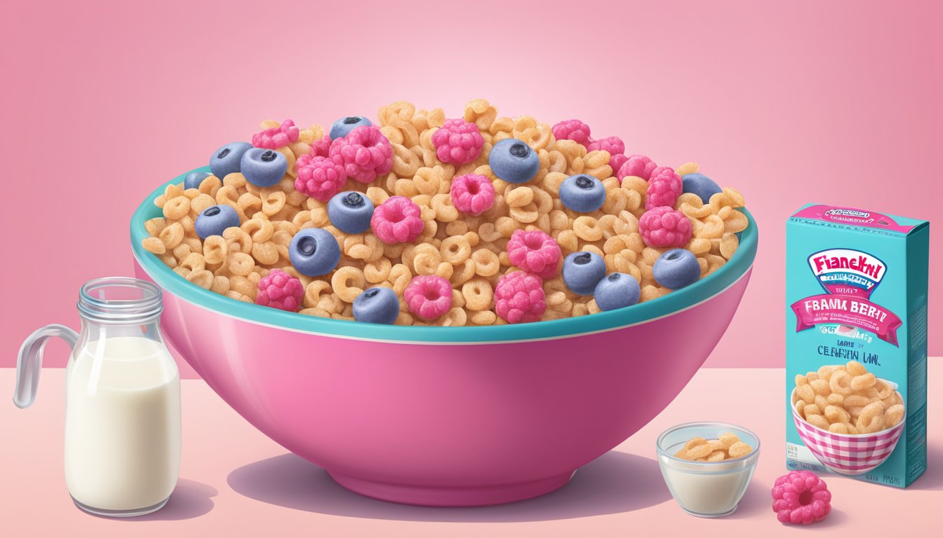 A bowl of franken berry cereal next to a measuring cup of milk. A nutrition label is visible on the cereal box