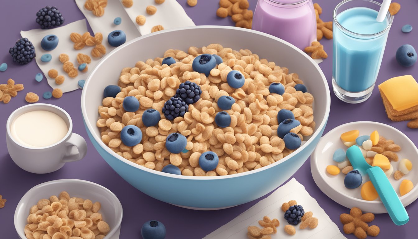 A bowl of boo berry cereal with milk, surrounded by various food items and a list of dietary allergens and ingredients