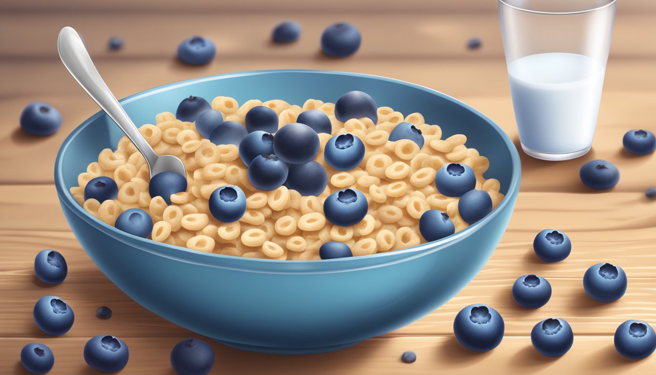 A bowl of Boo Berry cereal with milk, fresh blueberries, and a spoon on a wooden table