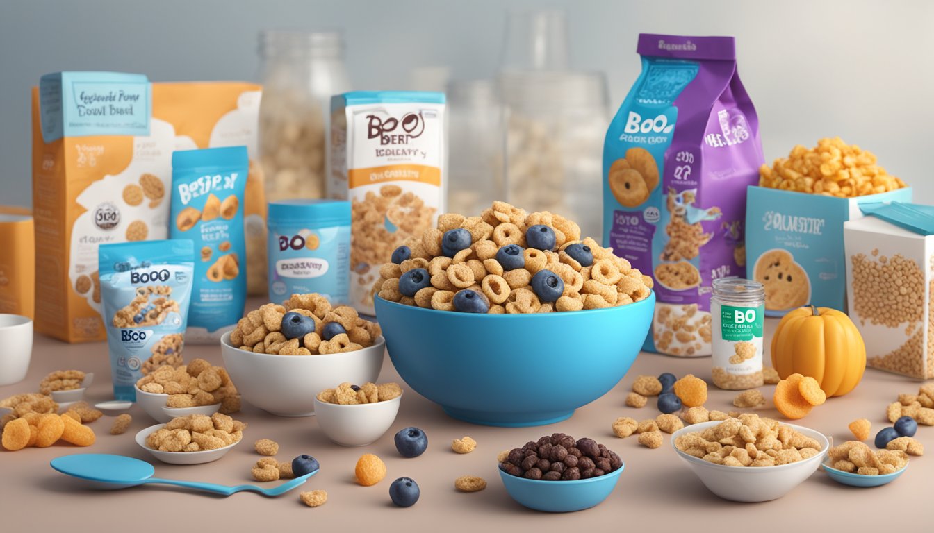 A bowl of Boo Berry cereal surrounded by similar foods, with a focus on nutrition labels for comparison