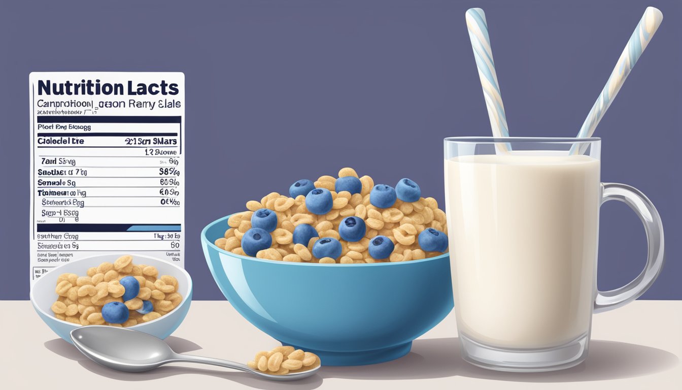 A bowl of Boo Berry cereal surrounded by milk, a spoon, and a nutrition label