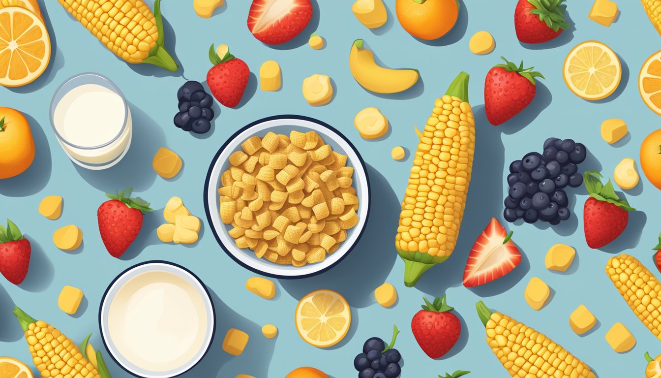 A bowl of corn Chex cereal surrounded by a variety of fruits and a glass of milk, with a nutrition label displayed prominently