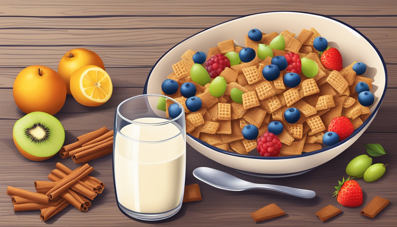 A bowl of Cinnamon Chex cereal surrounded by a variety of fresh fruits and a glass of milk, all placed on a wooden table