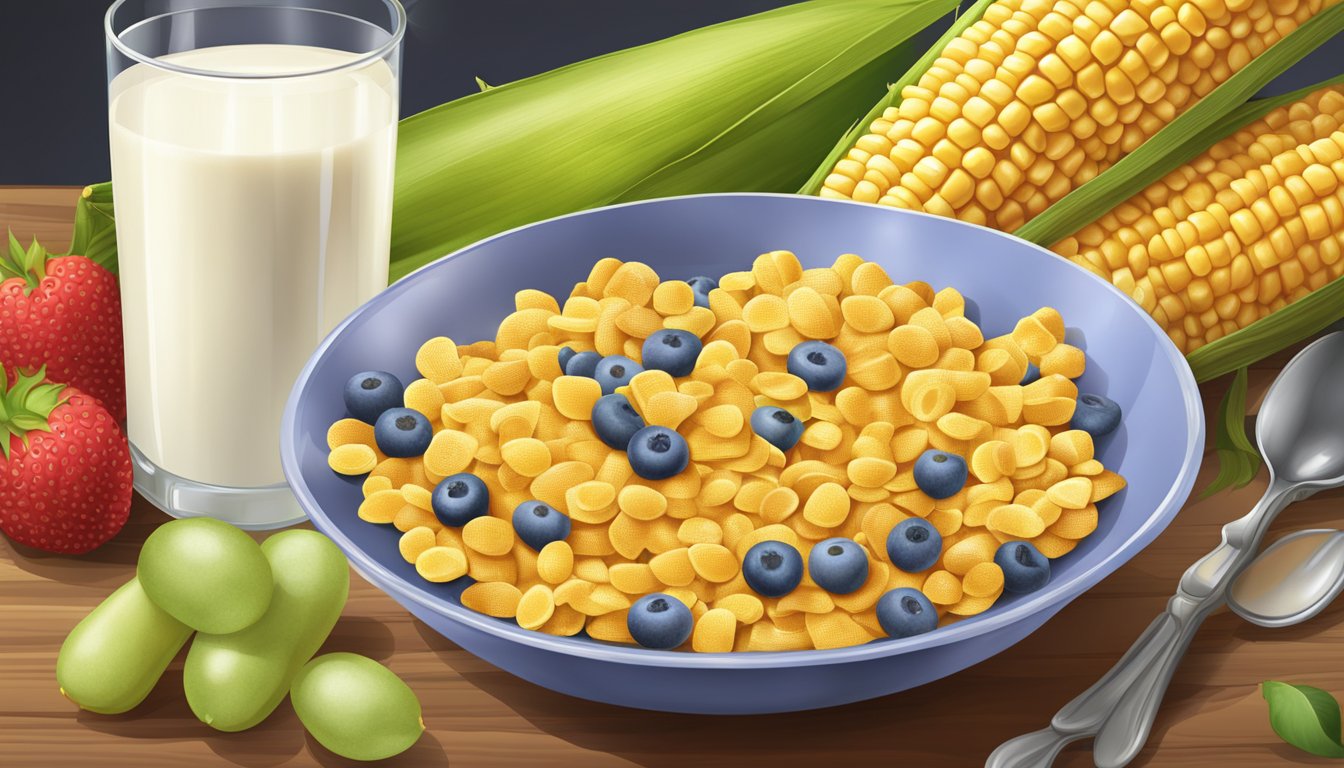 A bowl of Corn Chex cereal surrounded by fresh fruits and a glass of milk on a wooden table