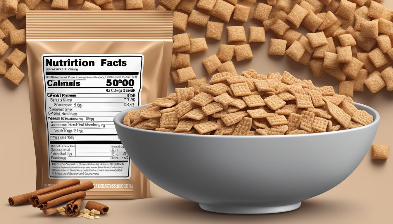 A bowl of Cinnamon Chex cereal surrounded by ingredients like oats, cinnamon sticks, and whole grains, with a nutritional label in the background