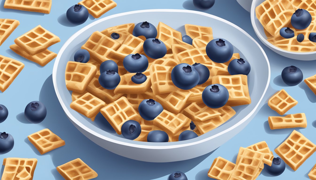 A bowl of blueberry Chex cereal surrounded by fresh blueberries and a glass of milk